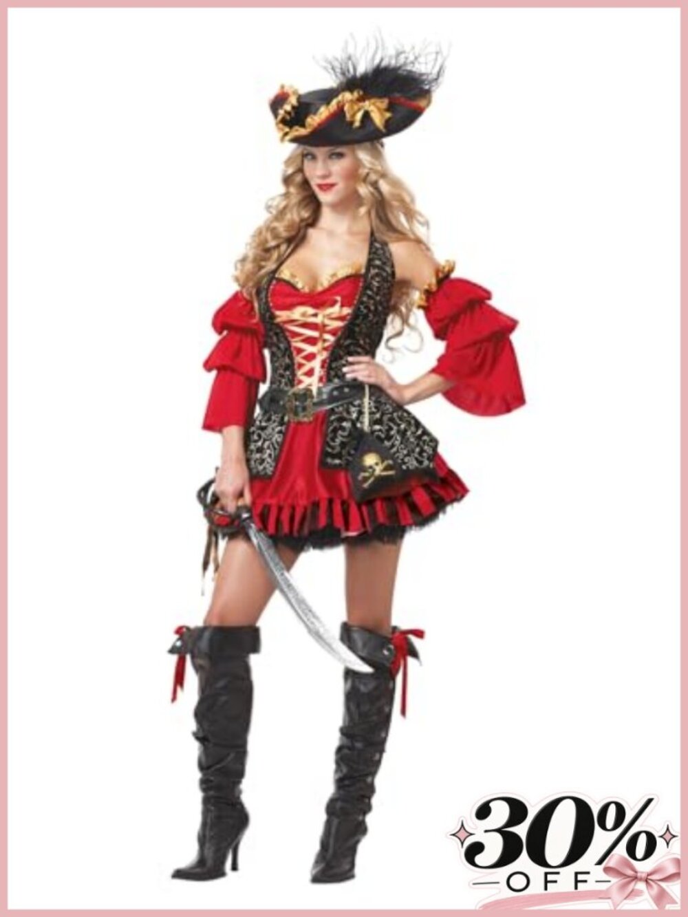 Women's Spanish Pirate Costume Dress with Hat Belt Pouch for Halloween